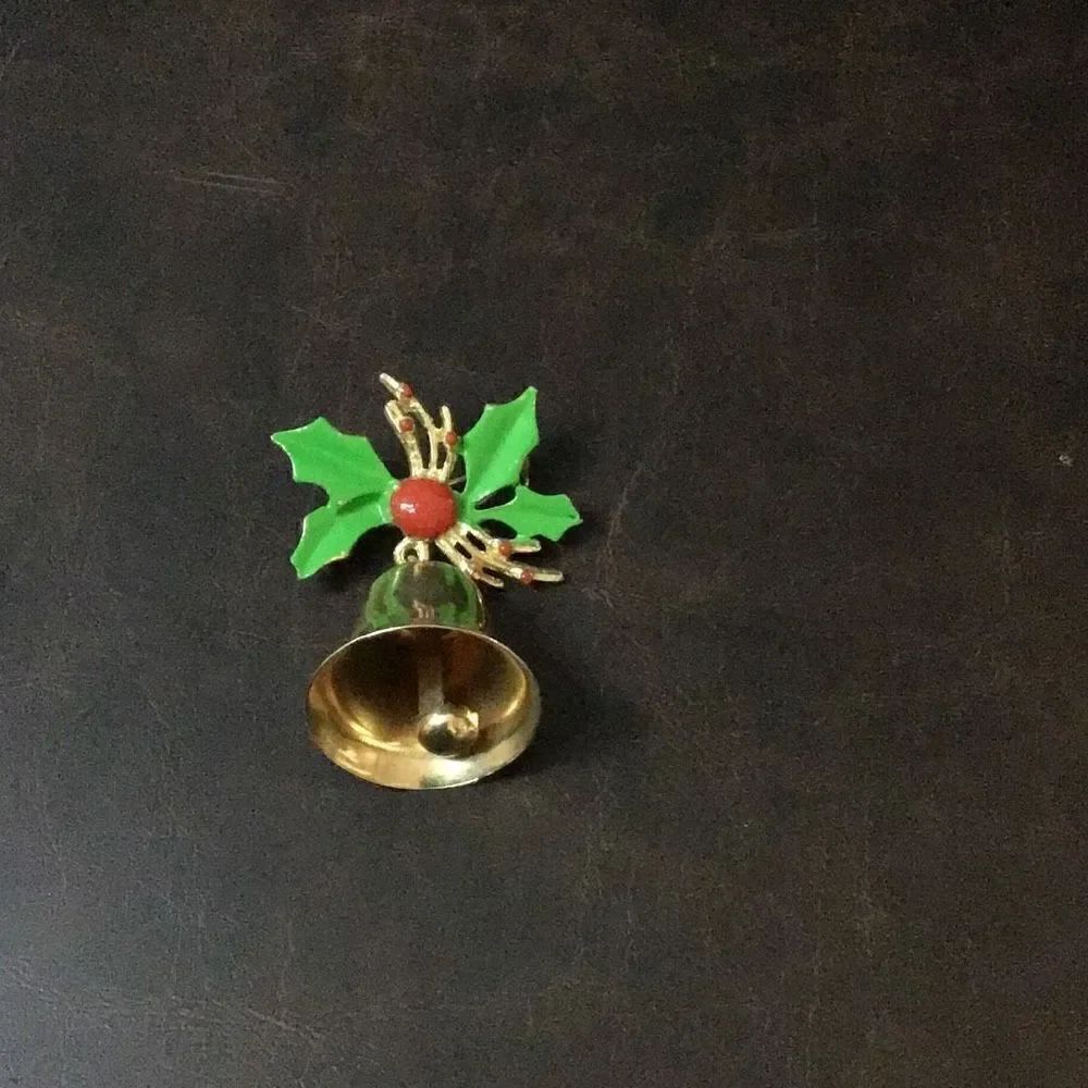 Christmas holly and golden bell brooch